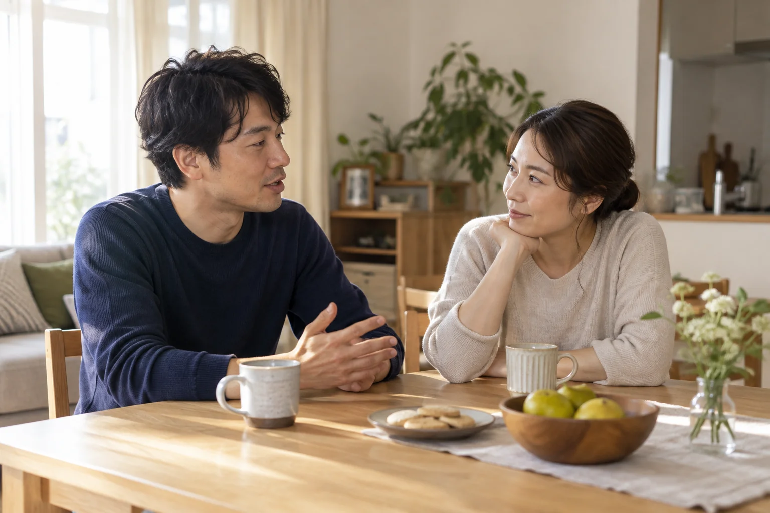 自宅で落ち着いて会話する夫婦のイメージ