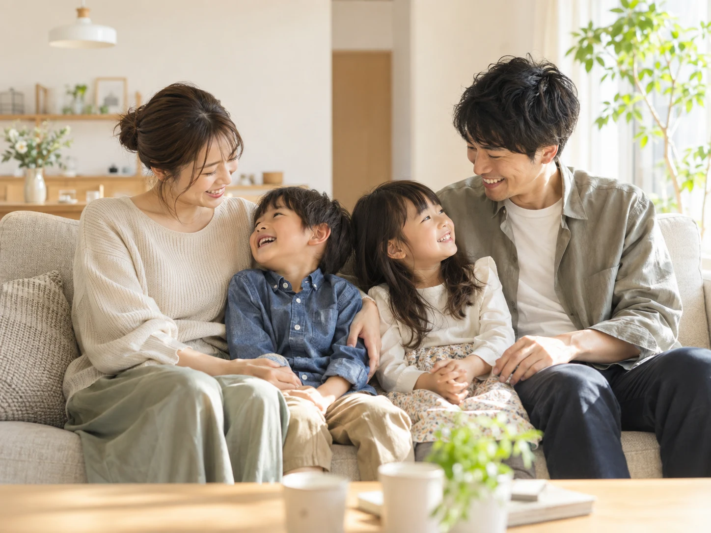リビングで笑顔を交わす夫婦と子どもたちのイメージ