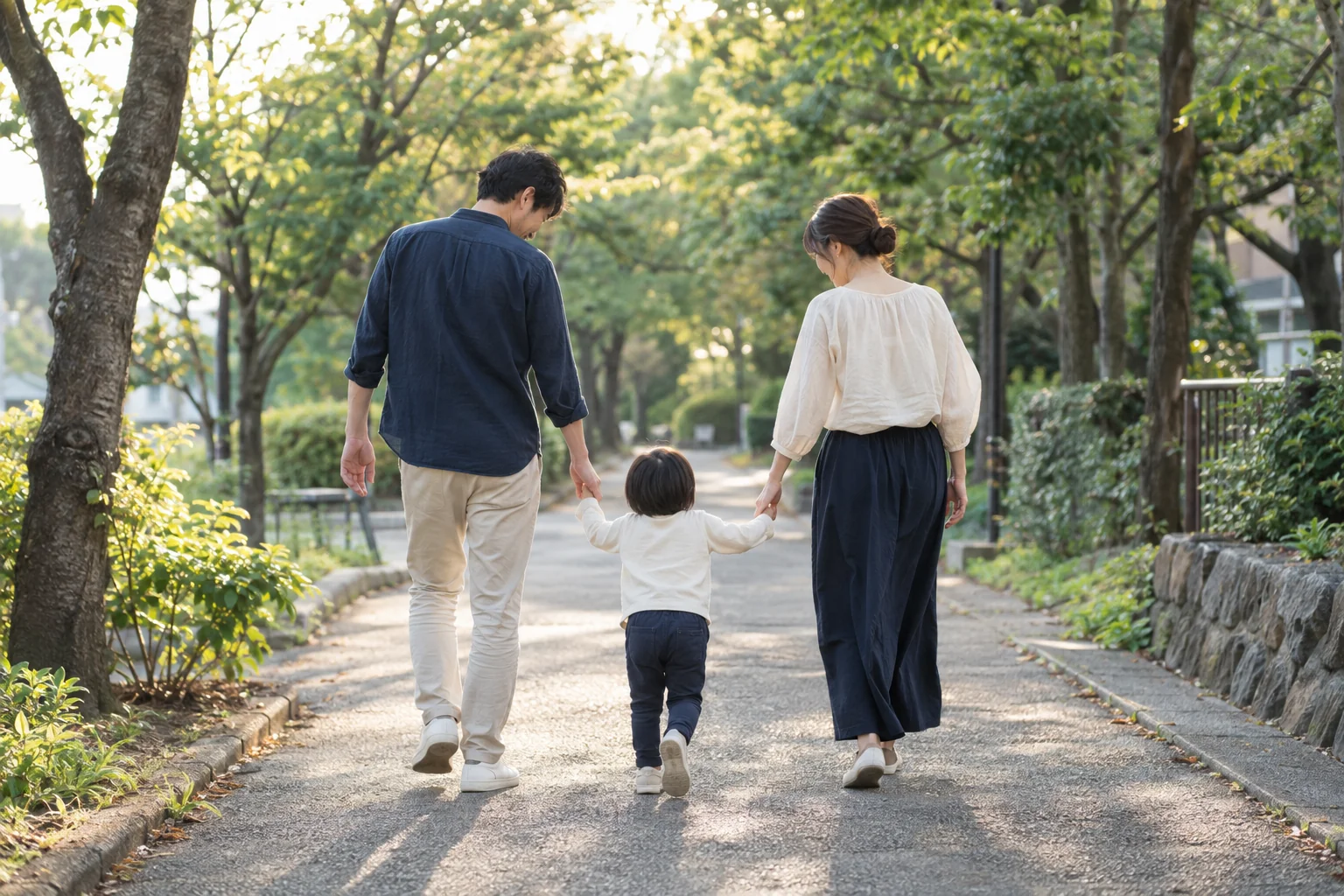 緑の小道を親子で手をつないで歩く後ろ姿のイメージ